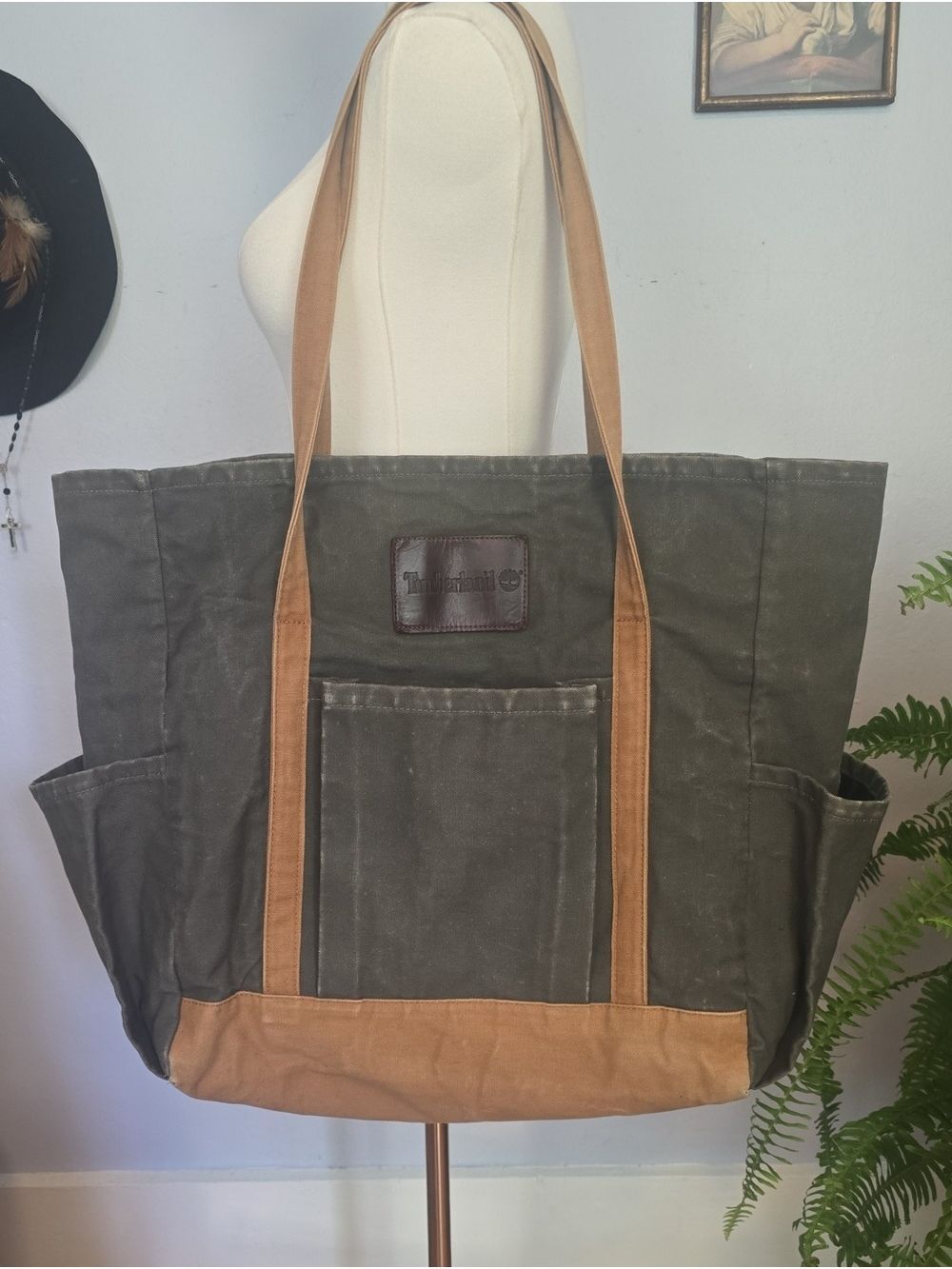 Vintage Large Timberland Olive Green Tan Canvas Duffel with Leather Logo Tag